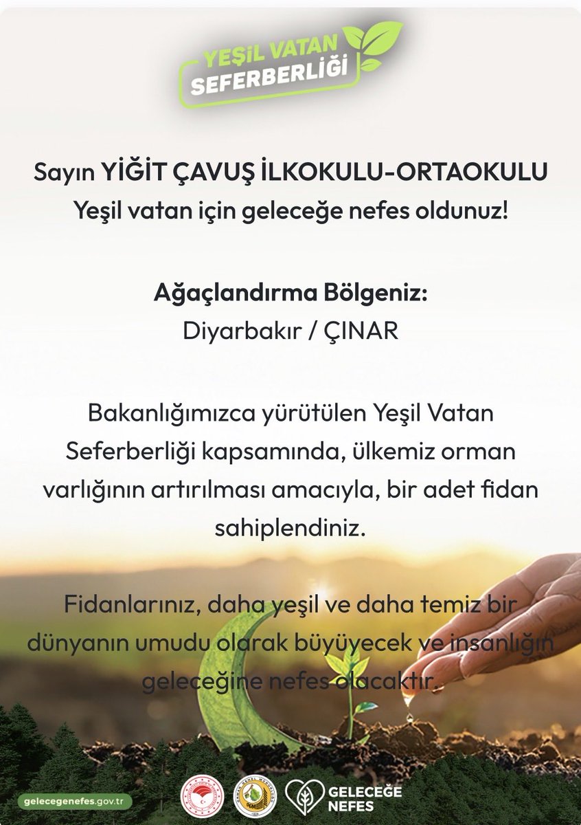 🌳#YeşilVatanSeferberliği için hazırız!11 Kasım Millî Ağaçlandırma Günü’nde fidanlarımızı toprakla buluşturuyoruz.

▪️Geleceğe nefes olmak,evlatlarımıza yemyeşil bir Türkiye bırakmak için siz de bu seferberliğe katılın!🌿

<a href="/sadoglu_salih/">Salih Sadoğlu</a> <a href="/ErnezDemir/">Demir Ernez</a>
<a href="/Diyarbakirmem/">Diyarbakır İl Millî Eğitim Müdürlüğü</a> <a href="/SurMilliEgitim/">Sur İlçe Milli Eğitim Müdürlüğü</a>