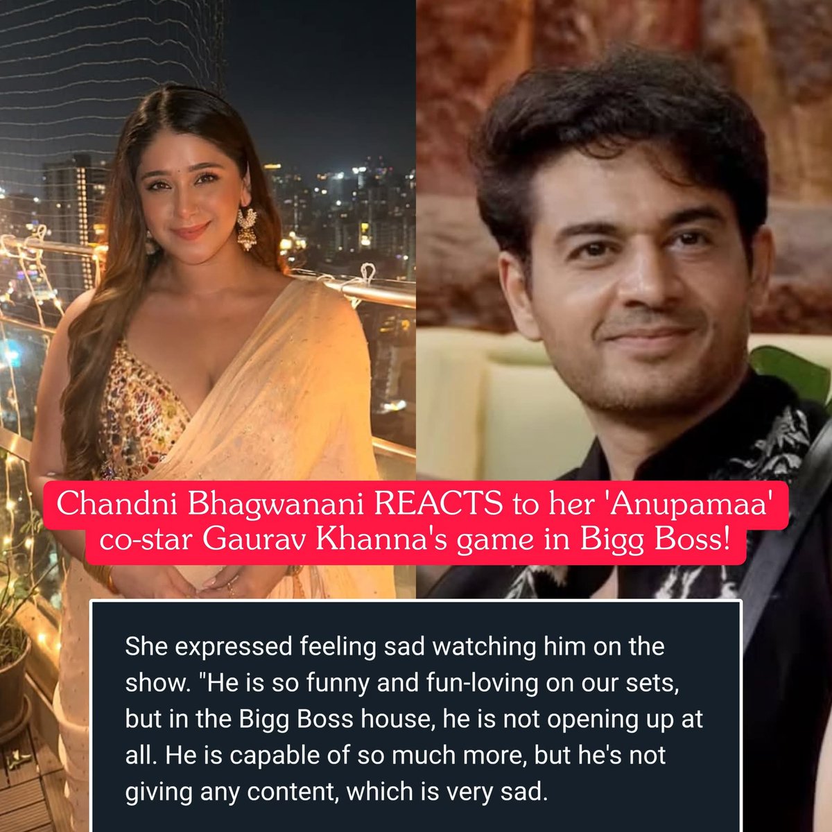 Celebrity_Tak's tweet image. #ChandniBhagwanani REACTS to her #Anupamaa co-star #GauravKhanna&apos;s game in Bigg Boss!

Comment Your Opinion 
@iamgauravkhanna #Amaalians #GauravIsTheBoss #Amaanya