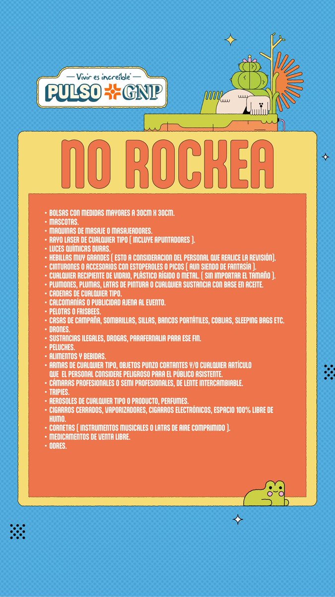 RitmoInolvi's tweet image. Rockea y No Rockea, aquí los artículos que están permitidos en la fiesta del Bajío 🌄

🎟️ Boletos en Eticket 
📅25 de octubre 

#PulsoGNP25 #concierto #festival