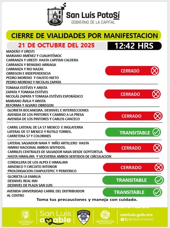 SSPCSLP's tweet image. ⚪️🔵 #ReporteVial 🚨#VialidadSLP 

⚠️Actualización 

‼️Contingente avanza por av. Venustiano Carranza hacia zona centro, se realizan cierres momentáneos sobre calles que atraviesan

⛔️Salvador Nava Mtz. con cierre anticipado a la altura de Goytortua con dirección a Lomas…