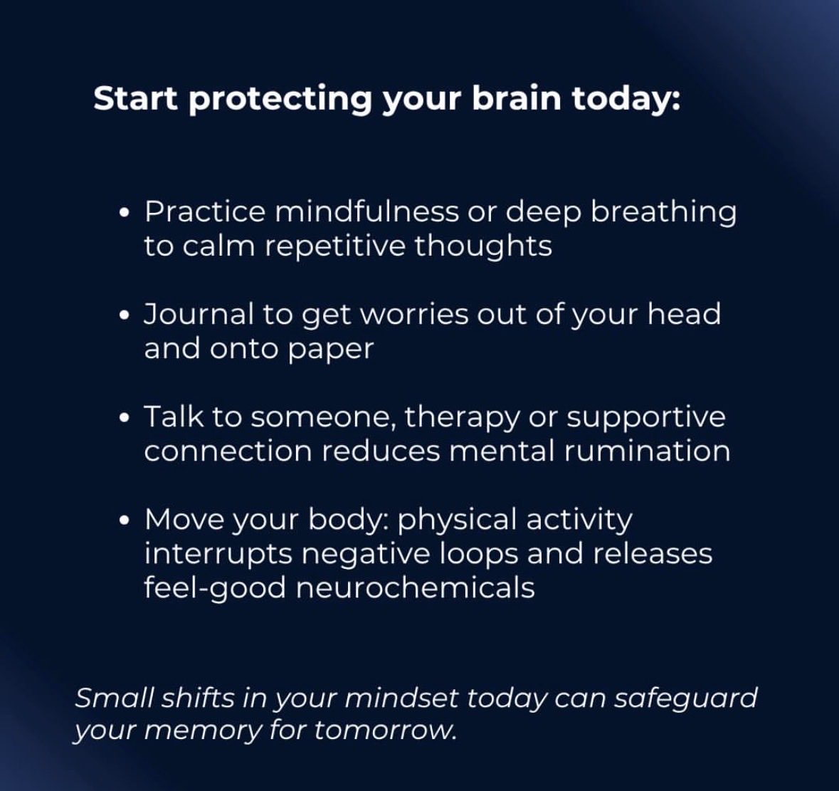 Break your negative thought spirals and change your habits to better support your minds health and performance . It’s worth it no matter your age 

(content from Jim Kwik)