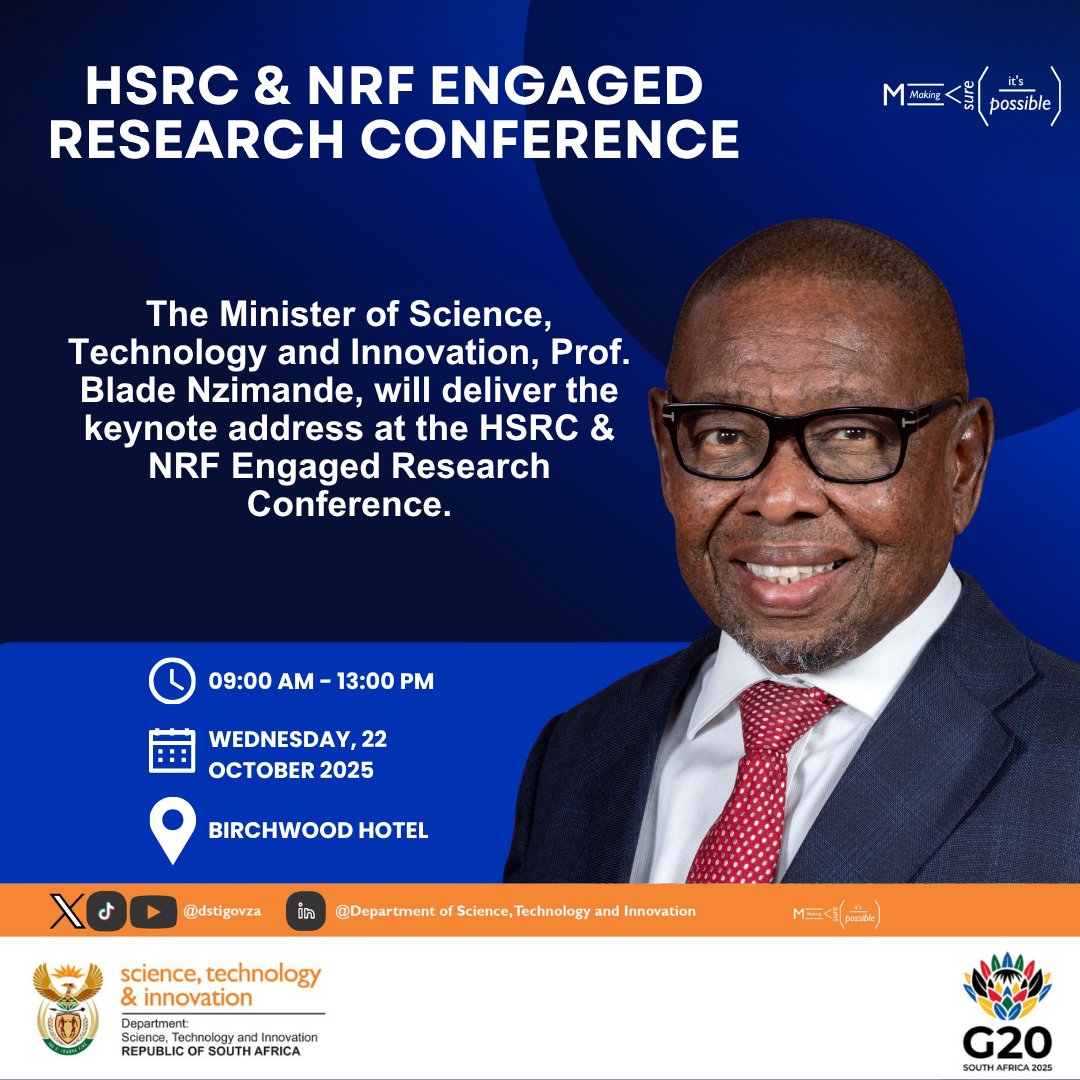 dstigovza's tweet photo. The Minister of Science, Technology and Innovation, Prof. Blade Nzimande, will deliver the keynote address at the HSRC & NRF Engaged Research Conference.
📅 Wednesday, 22 October 2025
⏰ 09:00-13:00
📍 Birchwood Hotel
#ScienceInnovationSA #EngagedResearch https://t.co/aVGnZwgKB6