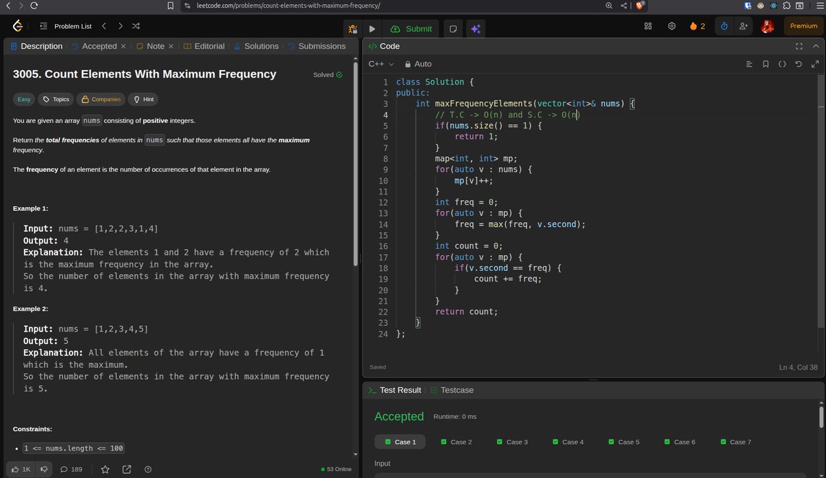 its_prawesh_'s tweet image. Signing off Day 12 of #100DaysOfCode
Problems Solved : -
-&gt; 3005. Count Elements With Maximum Frequency
-&gt; 3346. Maximum Frequency of an Element After Performing Operations I (POTD)
#LeetCode #DSA #Peace