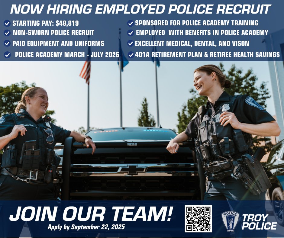 TroyMI_Police's tweet photo. JOIN OUR TEAM!
#TroyPD is now accepting applications for EMPLOYED POLICE RECRUIT! NO PRIOR LAW ENFORCEMENT EXPERIENCE NECESSARY.
APPLY HERE: https://t.co/0I2fHOqPpm
EMPLOYED POLICE RECRUIT CLOSING DATE: October 22, 2025 Please share with any interested candidates. https://t.co/k5fvPowG6s