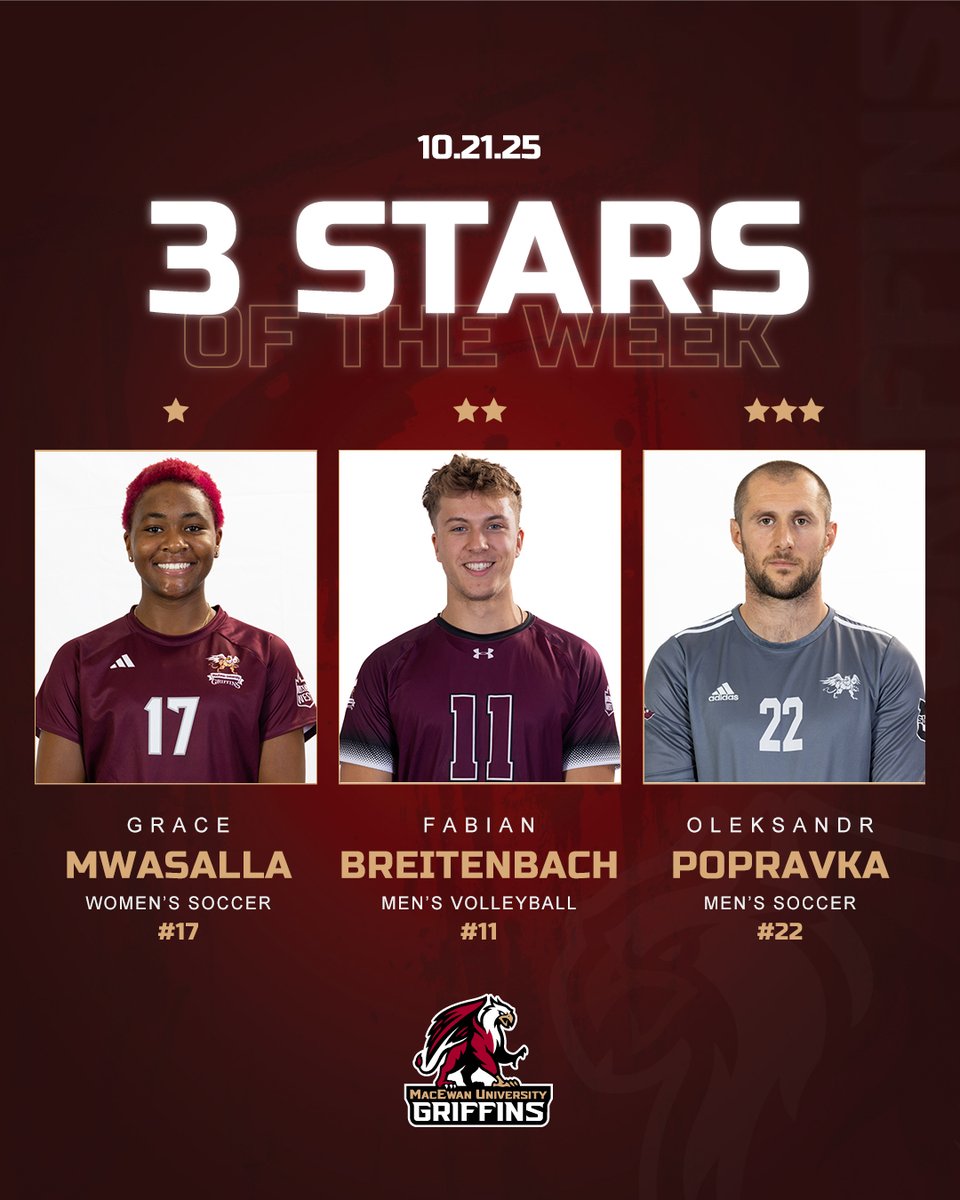 Congrats to our <a href="/MacEwanU/">MacEwan University</a> Three Stars of the Week!
⭐️ Grace Mwasalla | W⚽️
⭐️⭐️ Fabian Breitenbach | M🏐
⭐️⭐️⭐️ Oleksandr Popravka | M⚽️
#GriffNation

STORY➡️macewangriffins.ca/general/2025-2…
