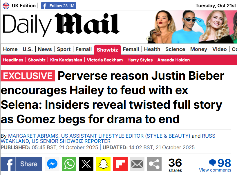 🚨EXCLUSIVE : <a href="/DailyMail/">Daily Mail</a> confirms that Justin Bieber is fueling Selena and Hailey fued. In fact, Bieber, 31, apparently encourages his wife's behavior because he believes the public feud with Gomez 'shows that Hailey loves him - and he loves that'.