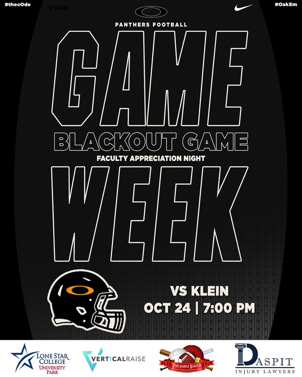 KLEINOAKFB's tweet image. BIG GAME WEEK! Time to BLACKOUT the Bearkats⚫️
O-ZONE WE NEED YOU! Black T-Shirts will be handed out at the game at a first come first serve basis.
#OakEm #thecOde