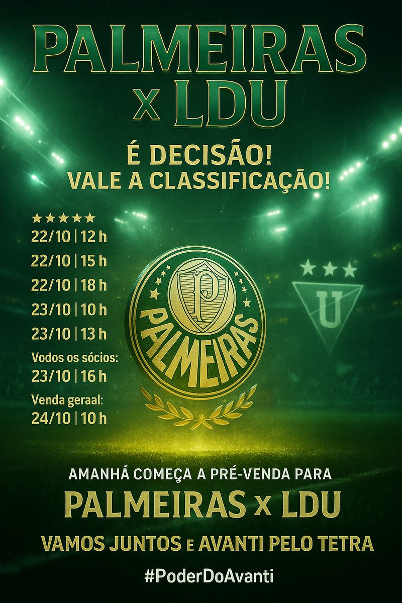 AgendaPalmeiras's tweet image. 🎬 É DECISÃO!
Vale a vaga na FINAL da CONMEBOL Libertadores! 🏆💚
Amanhã começa a pré-venda exclusiva do Sócio Avanti para Palmeiras x LDU no Allianz Parque! 🏟️🔥
💪🏿 Vamos juntos e AVANTI PELO TETRA!
#OPoderDoAvanti #AvantiPalestra #Libertadores #Palmeiras