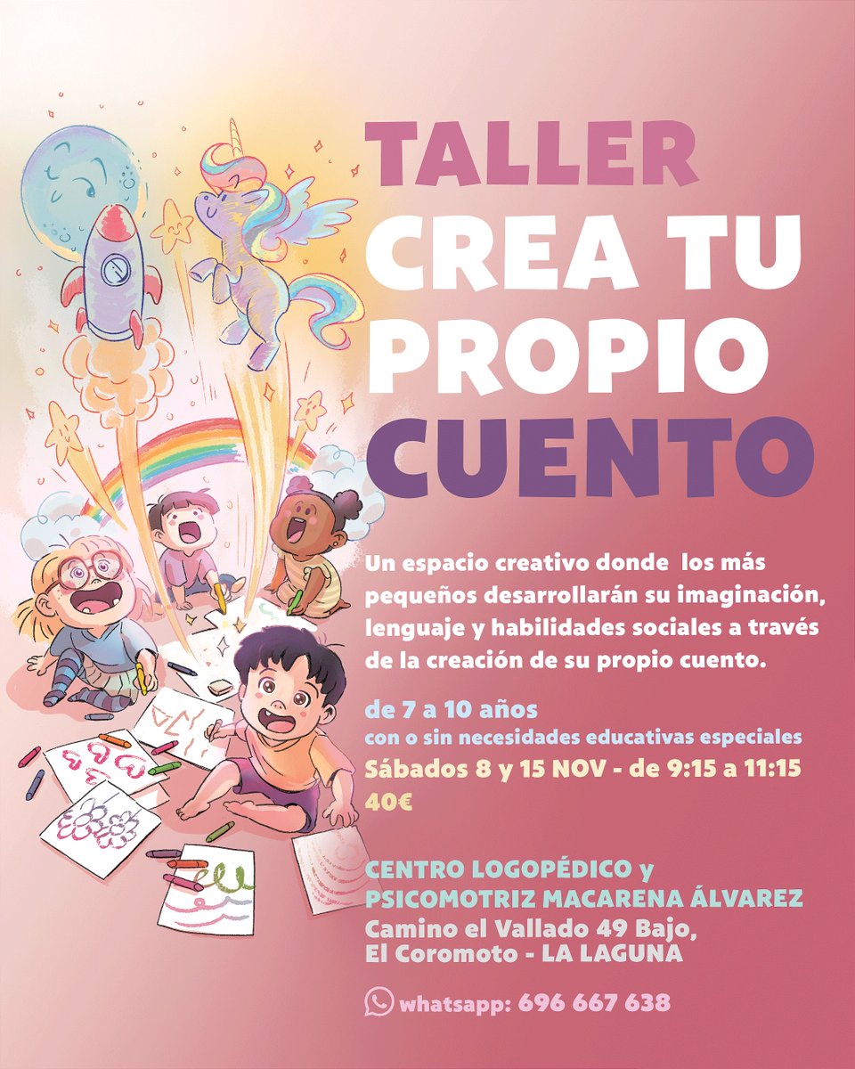 logopediaMA's tweet image. ✍🏽👦🏿🧒 Taller: ¡CREA TU PROPIO CUENTO! ✍🏽👦🏿🧒
Un taller donde los peques desarrollan su imaginación, lenguaje y creatividad a través del juego y la narración.

📅 Sáb. 8 y 15 NOV | ⏱️ 2h por sesión | 🧩 7-10 años
Incluye adaptación para NEE 💜

📲 Info y reservas: 696 667 638