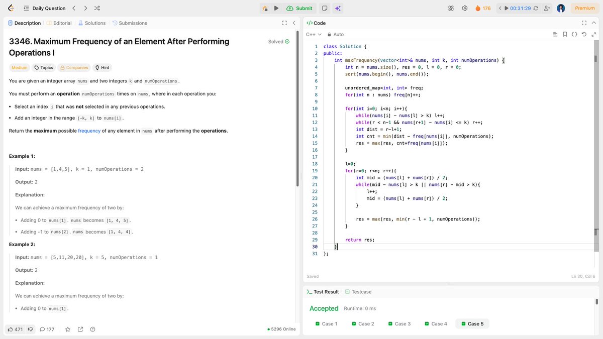 me_sajeeb's tweet image. 🎯 LeetCode Daily: Max Frequency After Operations
Two-pass sliding window magic! First: target existing values. Second: target new values via midpoint.
⚡ O(n log n) with smart windows
🎯 Two strategies needed
💡 Sort enables range queries
#LeetCode #CPlusPlus #SlidingWindow