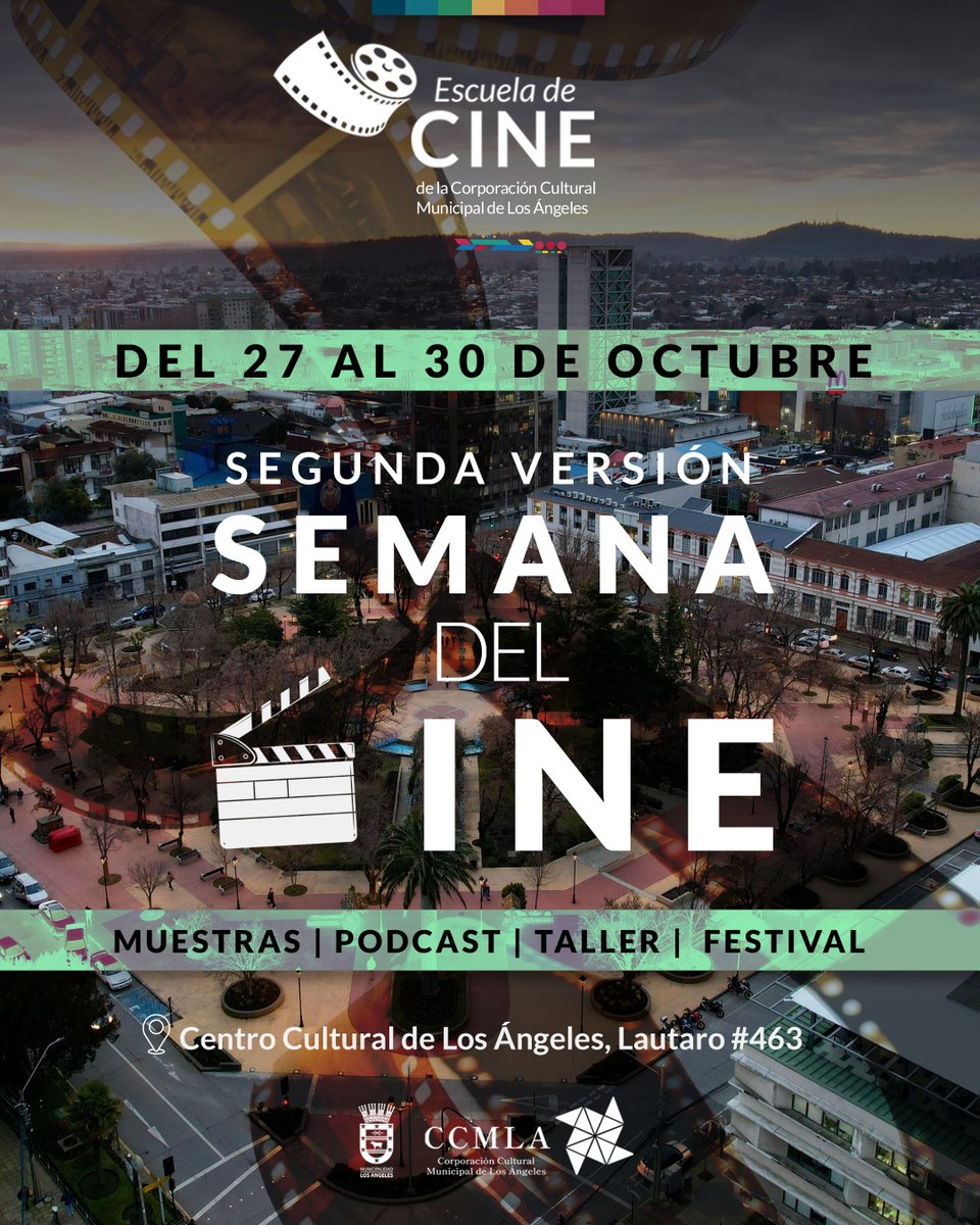 ccmlosangeles's tweet photo. 🎬 ¡Vive la Semana del Cine en Los Ángeles!
Del 27 al 30 de octubre, disfruta de funciones, estrenos y conversatorios organizados por la Escuela de Cine de la Corporación Cultural Municipal de Los Ángeles .

🎟️ Entrada liberada https://t.co/KXT5XeYt4Z