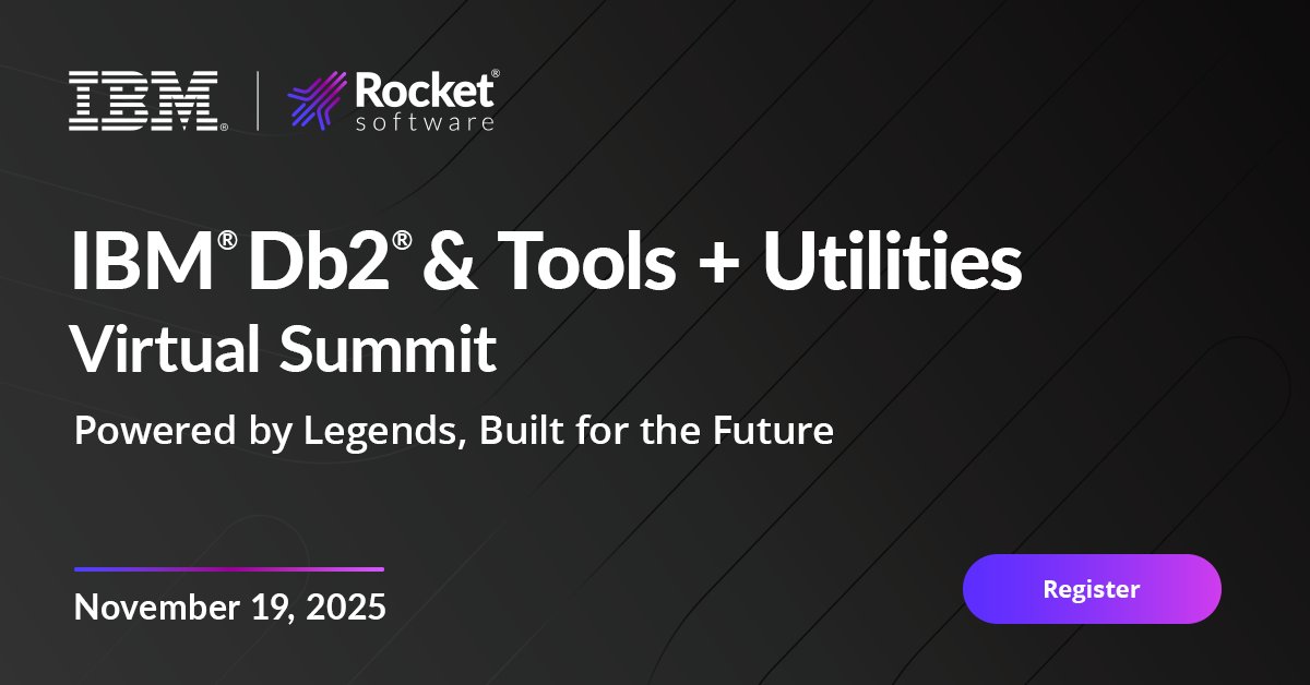 Rocket's tweet image. Ready for the IBM® Db2® &amp;amp; Tools + Utilities: Powered by Legends, Built for the Future Virtual Summit? Join us and @IBM on November 19 for a 3-hour virtual event designed to help you #modernize, optimize, and future-proof your #Db2 environment.

Register:brnw.ch/21wWOoD