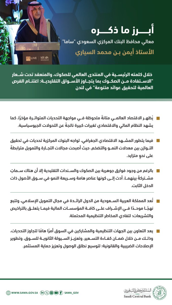 A formal conference scene with a man in traditional Saudi attire and headscarf standing at a podium delivering a speech, Arabic text overlays including the event title المنتدى العالمي للصكوك and slogan الاستفادة من الصكوك بما يتجاوز الأسواق التقليدية اغتنام الفرص العالمية لتحقيق عوائد متنوعة, SAMA logo at the bottom, and Saudi Central Bank emblem.