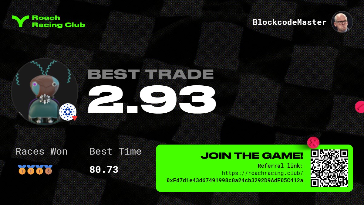 Blockcode0x's tweet image. Hello all, please allow me to introduce you to the latest and third member of my @RoachRacingClub Team.  His name is Satoshi Biter and although he is pegged to ADA he has won a decent number of races.  For anyone unfamiliar with Roach Racing on @AbstractChain check it out:…
