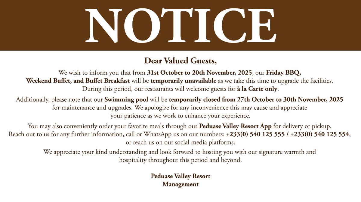 PeduaseValley's tweet image. Public Notice as we take time to upgrade our facilities to serve you better