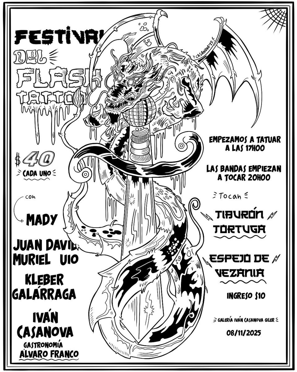 Regresan los eventos a la Galería “Iván Casanova Giler”
Esta vez tenemos el “Festival del Flash Tattoo Vol.1”
Con Mady @madyink , Juan David Muriel @shunya_tattoo desde Quito, Kleber Galárraga @_kleber_david y su servidor, haciendo tatuajes flash de 7 Cms por solo $40 cada uno.