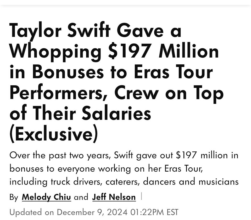 MrJoeMcBob's tweet image. This was the coolest thing Taylor ever did and it doesn&apos;t get talked about nearly enough. She gave life changing bonuses to 1000s of Eras&apos; blue collar crew members.

Redistributing wealth like this from the rich to the working class SHOULD be something the left goes crazy over.
