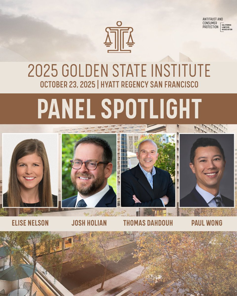 CLAAntitrust's tweet image. Join us at the Golden State Institute and learn about Merger Control Developments!

Our Panel on October 23, 2025 at 10:00-10:45 AM will include 0.75 MCLE Hour Credits.

Speakers: Elise Nelson, Josh Holian, Thomas Dahdouh, Paul Wong

Register Now: bit.ly/4nzcWed