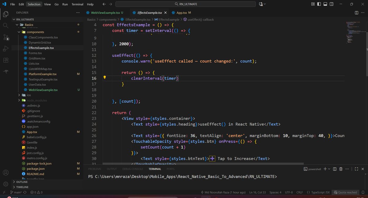 mnraza_codes's tweet image. 🚀 Day 7/100
Today’s learnings 🔥
✅ useEffect() — Unmount phase 🌀
✅ ActivityIndicator — Smooth loading UI ⚡
✅ TouchableOpacity &amp; Pressable — Multi-event handling 👆
✅ Platform — Conditional styling for Android &amp; iOS
#100DaysOfCode #ReactNative #JavaScript #CodingJourney