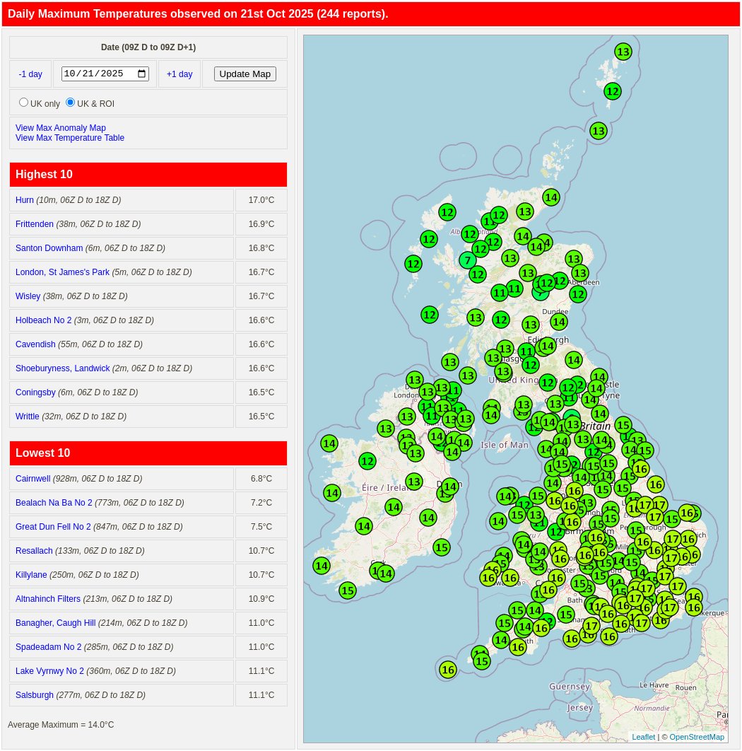 RoostWeather's tweet photo. Today's (21st October) maximum temperatures and anomalies (compared to '91-'20 average) from SYNOP observations.
#Hurn was the warmest location with a max #temperature of 17.0C.
https://t.co/2jmWpftog4 https://t.co/1fyfvDivSf