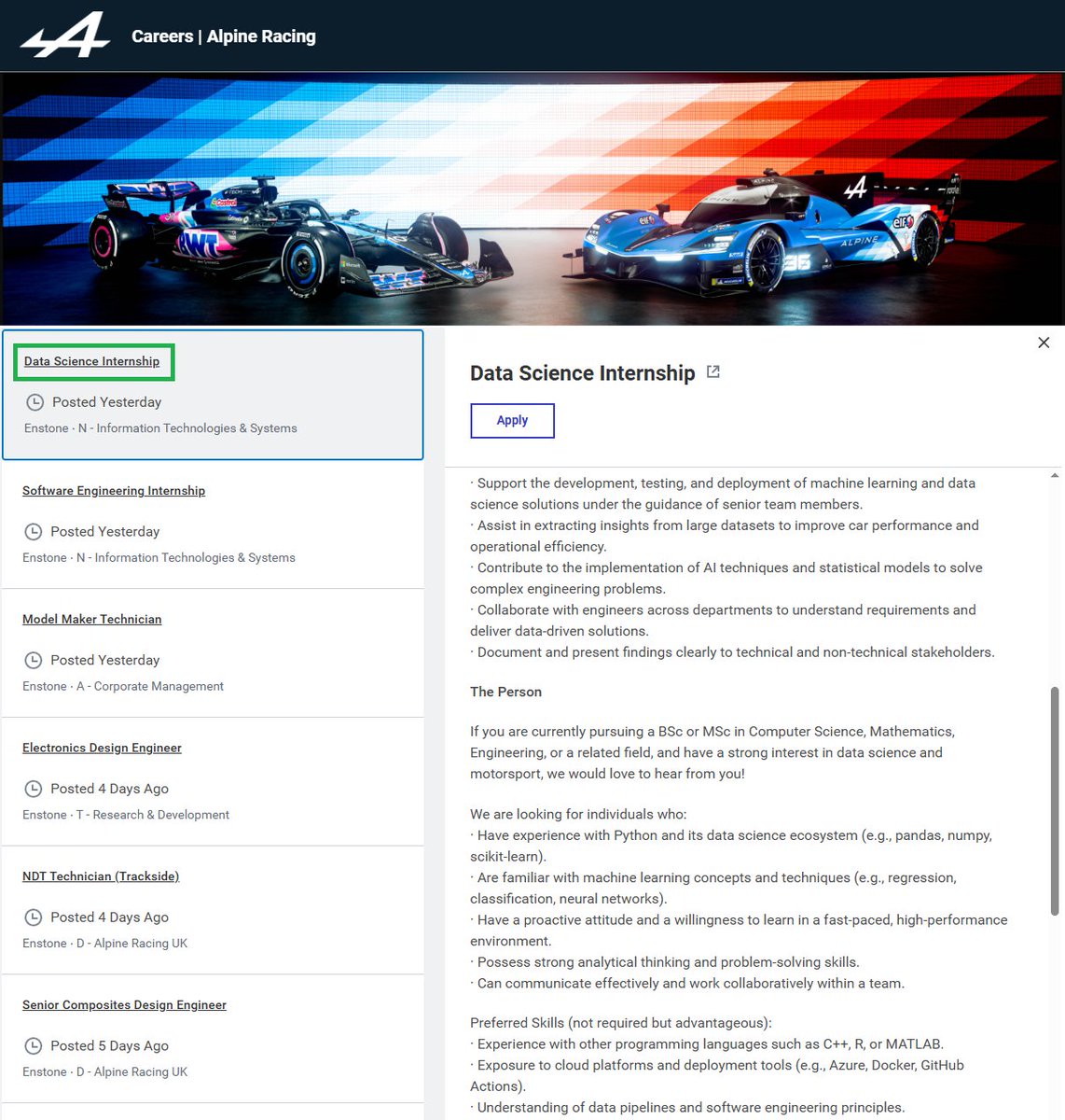 LuccasCorsino's tweet image. 🟣 Alpine F1 está buscando un pasante Científico de Datos para trabajar en modelos de Machine Learning
Requisitos:
🔹 Ser hincha de COLAPINTO 🇦🇷
🔹 BSc/MSc Computer Science/Maths
🔹 Python (Pandas, Numpy, Scikit-learn)
🔹 Algoritmos de clasificación, regresión y redes…