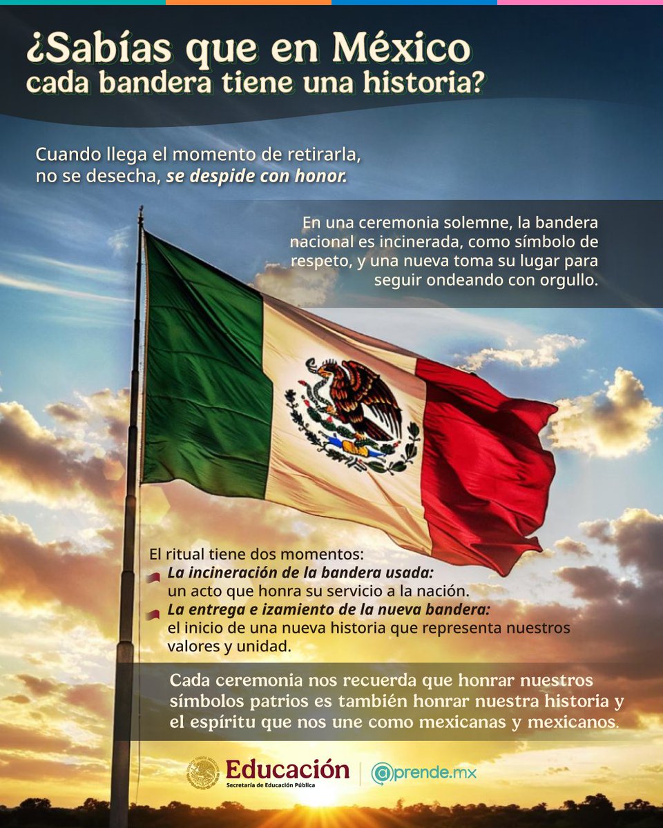 aprende_masmx's tweet image. La #BanderaNacional tiene un ciclo lleno de respeto y significado. ✨

Cuando llega su momento de retiro, no se guarda ni se desecha: se reemplaza mediante una ceremonia especial. 🔥

Este acto nos recuerda el valor de nuestros símbolos y el orgullo de ser #mexicanos. 🙌