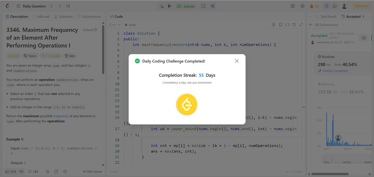 shakish15564's tweet image. Operation 17: The Learning Curve 📊
Day 1 of Week 17 🚀
Today’s Progress ✅
- Solved @LeetCode #3346
- Posted my 1st Data Science course thread on X
- Marked the official start of my Data Science journey
#TheLearningCurve #LeetCode #DataScience #CodeWithShakish