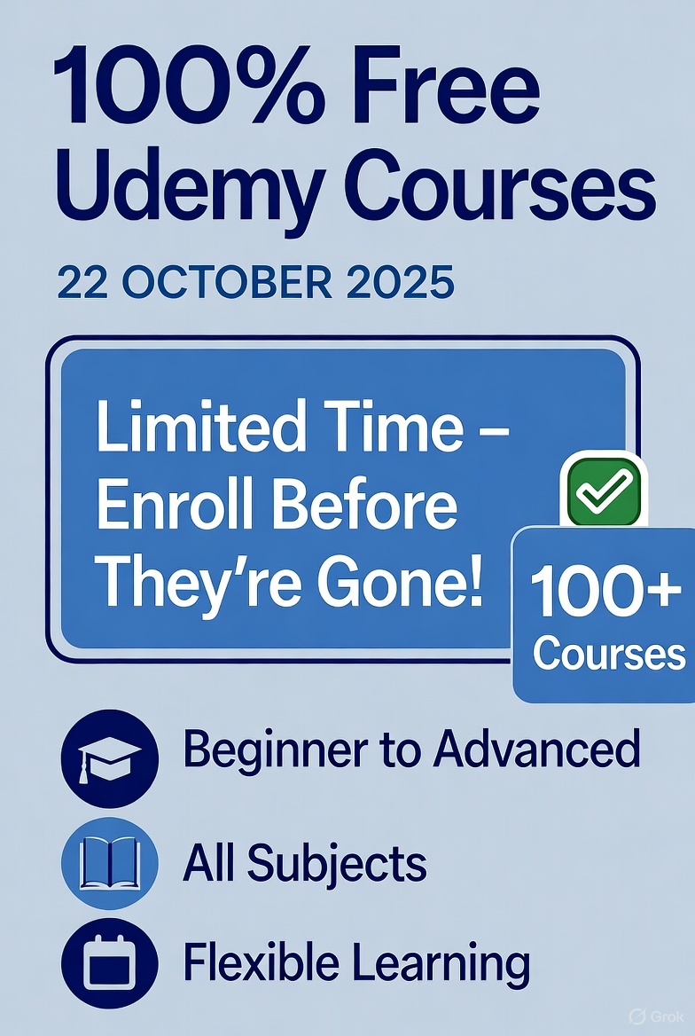 udemylive's tweet image. 100% Free Udemy Courses – 22 OCTOBER 2025 | Limited Time – Enroll Before They’re Gone!
Python Complete Course: with 30+ Hands-on Tasks and Solution
freewebcart.com/course/learnin…
Master C++ Programming From Beginner To Advance 2025 Edition
freewebcart.com/course/master-…
Complete Database…