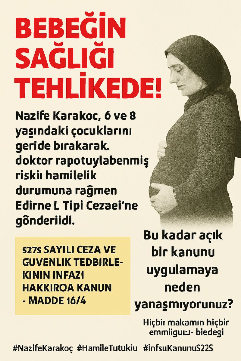 YeniUfuk49's tweet photo. Hiçbir makamın, hiçbir emrin gücü bir bebeği cezalandıramaz.
Kendinize gelin.
İnsanlığınızı hatırlayın.
📢 @UNHumanRights @UN_SPExperts @coe @amnesty @hrw
#NazifeKarakoç #HamileTutuklu #JusticeForBabies #HumanRights #BM #AHIM
7AylıkHamile Tutuklandı https://t.co/WCEa3doUaC