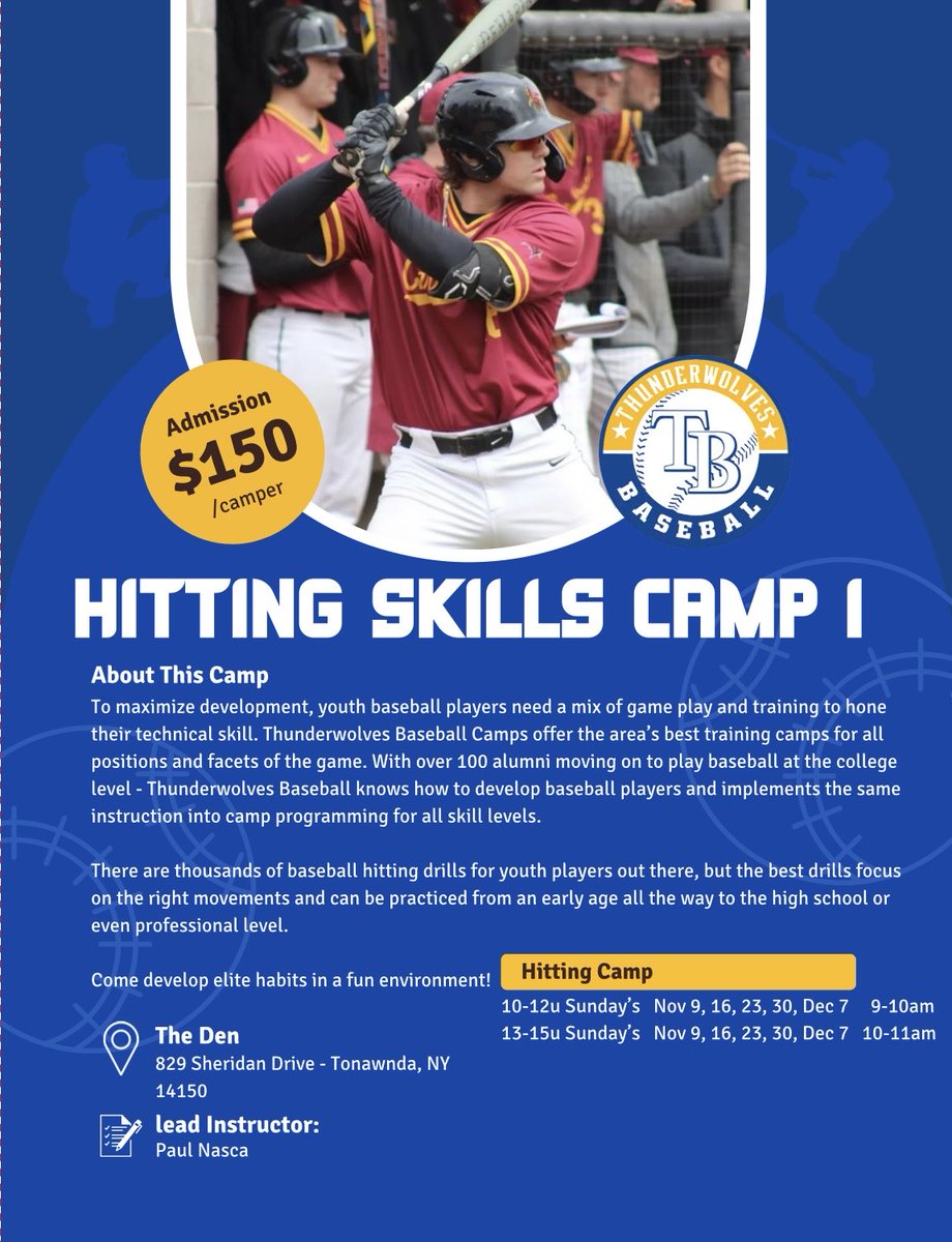 TwolvesBase's tweet image. Register for our 5️⃣ week Hitting Skills Camp beginning Sunday, November 9th💥
thunderwolvesbaseball.com/clinics-camps/…