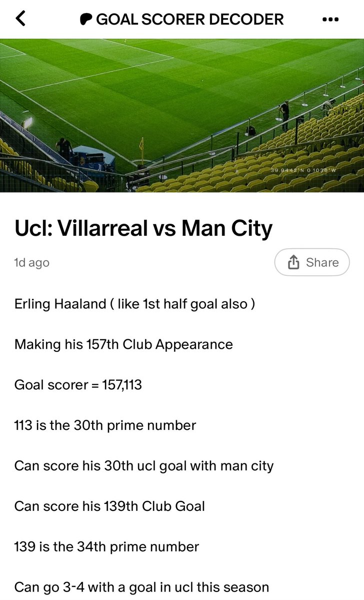 JamaicanDecoder's tweet image. Erling Haaland
Making his 157th Club Appearance
Goal scorer = 157,113
113 is the 30th prime number
Can score his 30th ucl goal with man city
Can score his 139th Club Goal
139 is the 34th prime number
Can go 3-4 with a goal in ucl this season