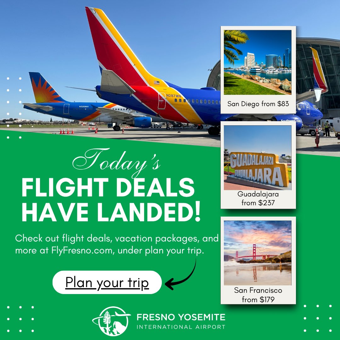 FlyMyAirport has fresh FAT travel deals every day! Use the Plan Your Trip link on  flyfresno.com to check out big savings on your favorite destinations. Whether you need a flight, a car, a hotel, or all 3, FlyMyAirport on flyfresno.com has you covered.