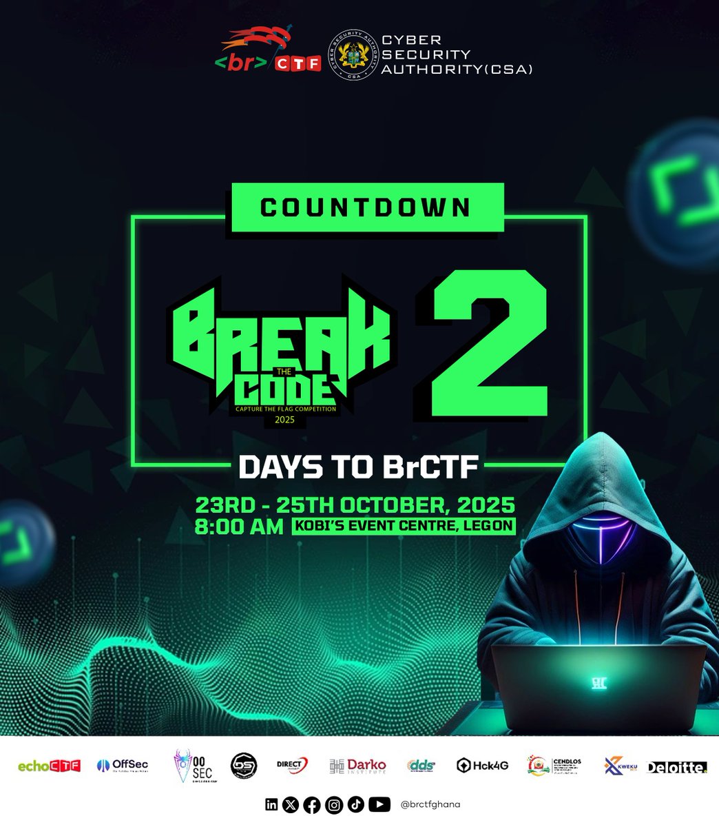kwekutech's tweet image. ⏳ T-2 days to detonation.
Your mission: #BreakTheCode.
Your reward: glory, skills, and epic prizes. 😎💣
Join us at @brCTF, where hackers connect, learn, outsmart challenges, and claim victory. 🏆💻
Link in the comments.
Prepare your tools. Sharpen your mind. We launch soon.