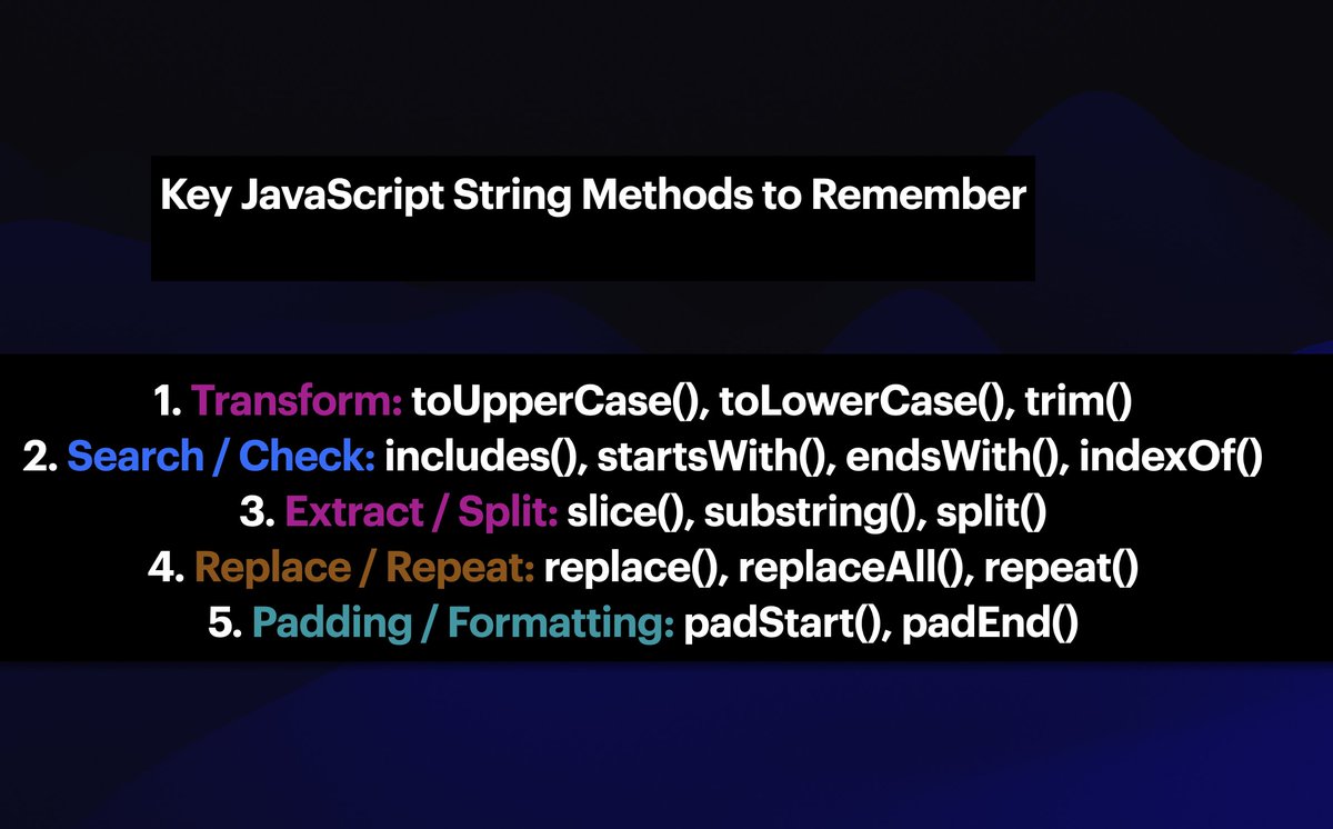 madhubabu_iitb's tweet image. In #JavaScript, strings are immutable — once created, they can’t be changed.
Every string operation returns a new string, not a modified one.
toUpperCase(), trim(), includes(), slice(), split(),
replace(), repeat(), padStart(), padEnd()
#WebDev