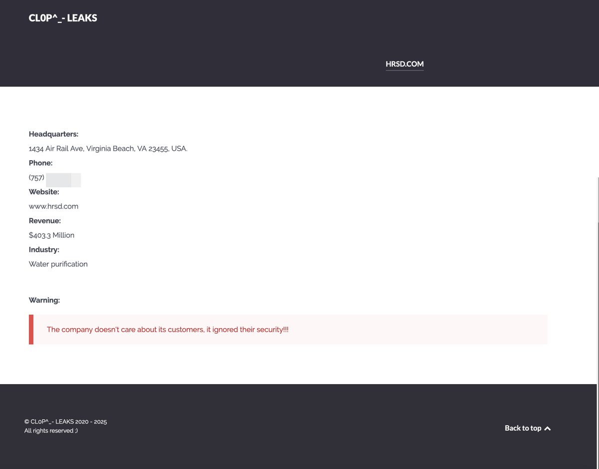 #Cl0p group has added Hampton Roads Sanitation District (<a href="/HRSDVA/">HRSD</a>) to its list of potential victims. #HRSD, a public utility company managing wastewater treatment in #Virginia, #USA 🇺🇸, has reportedly suffered a security breach linked to a zero-day vulnerability in Oracle