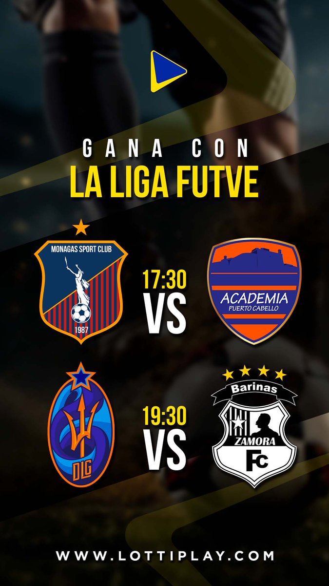 ¡La emoción de la #LigaFUTVE no se detiene! ⚽🇻🇪

Prepárate para una jornada llena de fútbol y pasión. ¿Ya tienes a tus ganadores? 🤔

🔵🔴 Monagas Sport Club 🆚 Academia Puerto Cabello 🟠🔵 ⏰ 5:30 PM
🔱 DLG 🆚 Zamora FC ⚫⚪ ⏰ 7:30 PM

Visita Lottiplay.com