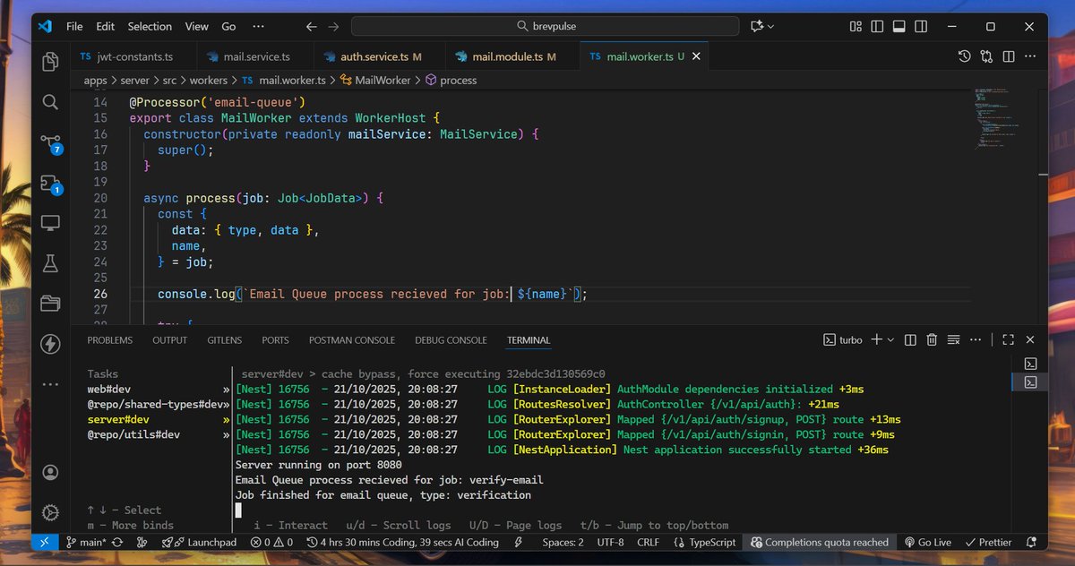 DevText16's tweet image. Day 2 of building Brevpulse:
- Added the verify email logic, to update the user's 'email_verified' field on successful verification
- Created a queueing system with nest/bullmq to handle the email jobs and not block the main thread.
NEXT: add rate-limiting, and get user route