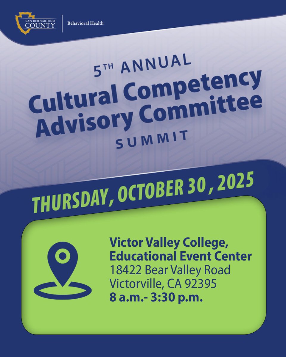 sbcdbh's tweet image. Save the Date!
Join us for the 5th Annual Cultural Competency Advisory Committee Summit — “Bridges of Belonging: Healing through Generations.”
🗓 Oct 30, 2025 | 8AM–3:30PM
🍽 Lunch provided | Free to attend
Explore wellness &amp;amp; belonging across generations: bit.ly/ccacsummit