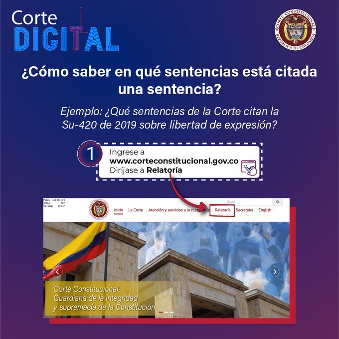 CConstitucional's tweet image. #CorteDigital | ¿Cómo saber en qué sentencias está citada una sentencia?
Conoce y prueba nuestro nuevo buscador de jurisprudencia: corteconstitucional.gov.co/relatoria/busc…
