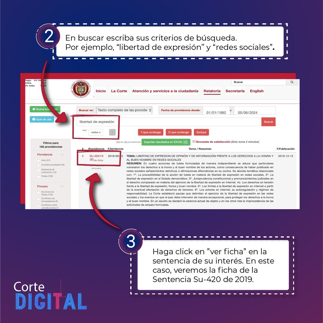 CConstitucional's tweet image. #CorteDigital | ¿Cómo saber en qué sentencias está citada una sentencia?
Conoce y prueba nuestro nuevo buscador de jurisprudencia: corteconstitucional.gov.co/relatoria/busc…