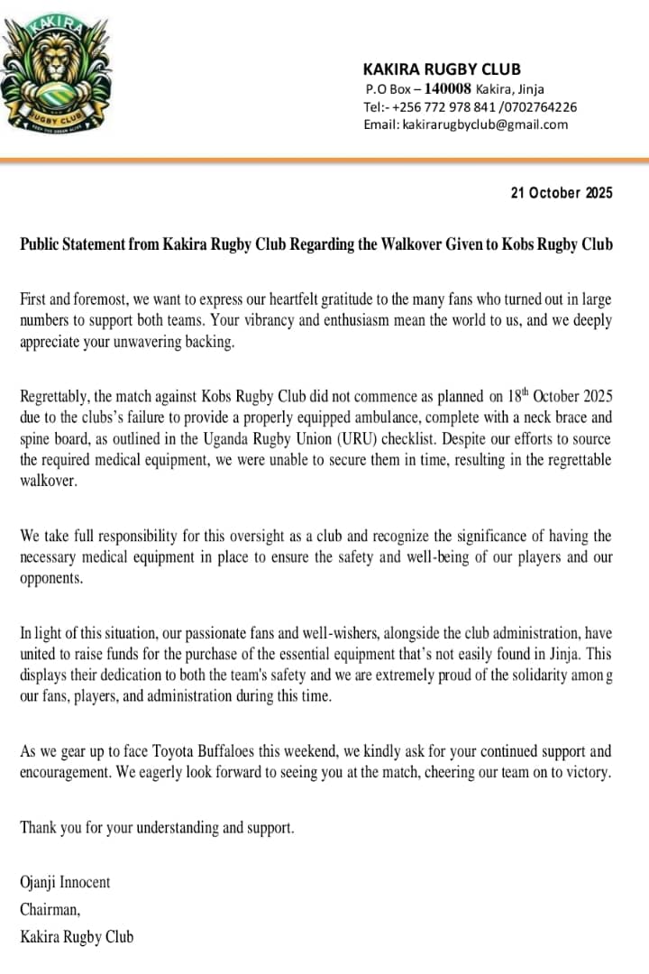 Our statement regarding the walk over to the <a href="/KobsrugbyUg/">KOBs Rugby Club UG</a> dirijv our game week 1 of the Uganda Cup