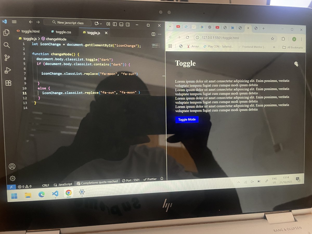 THEJASPERJAY's tweet image. Started my 60 Days of Code Challenge!
Today I built a theme toggle that switches between dark and light mode using JavaScript. It was challenging, but I learned something new. Excited for the days ahead.
#60DaysOfCode #JavaScript #WebDevelopment @freeCodeCamp @frontendmentor