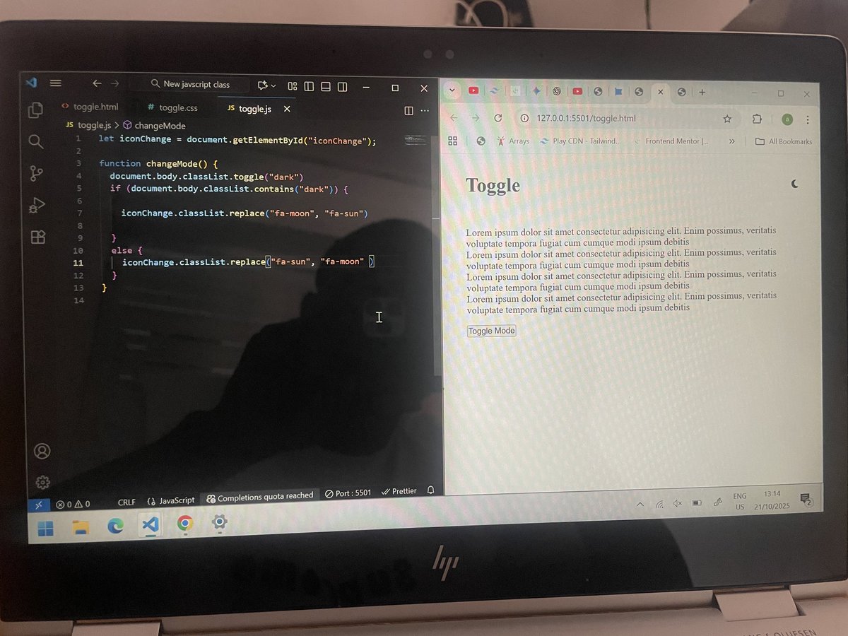 THEJASPERJAY's tweet image. Started my 60 Days of Code Challenge!
Today I built a theme toggle that switches between dark and light mode using JavaScript. It was challenging, but I learned something new. Excited for the days ahead.
#60DaysOfCode #JavaScript #WebDevelopment @freeCodeCamp @frontendmentor