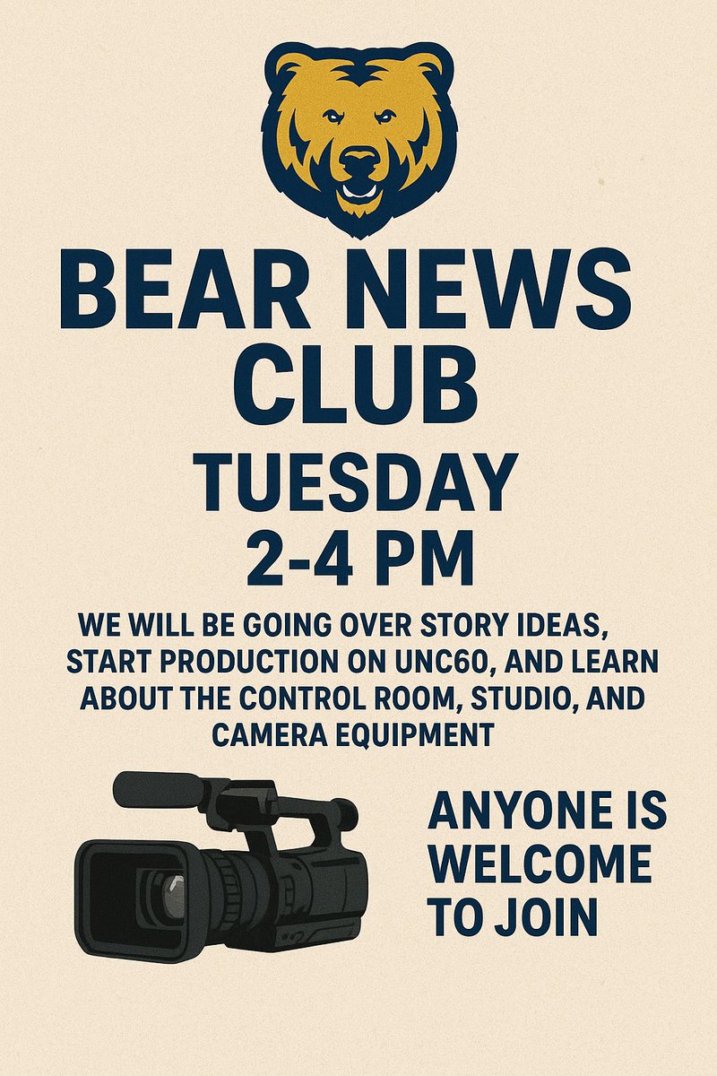 CALLING ALL BEARS!!
Bear news club is changing out meeting times to Tuesday and will be meeting today at 2pm. If we have enough people I hope to get our first edition of UNC60 out. Show up if you can and I can’t wait to see everyone there!