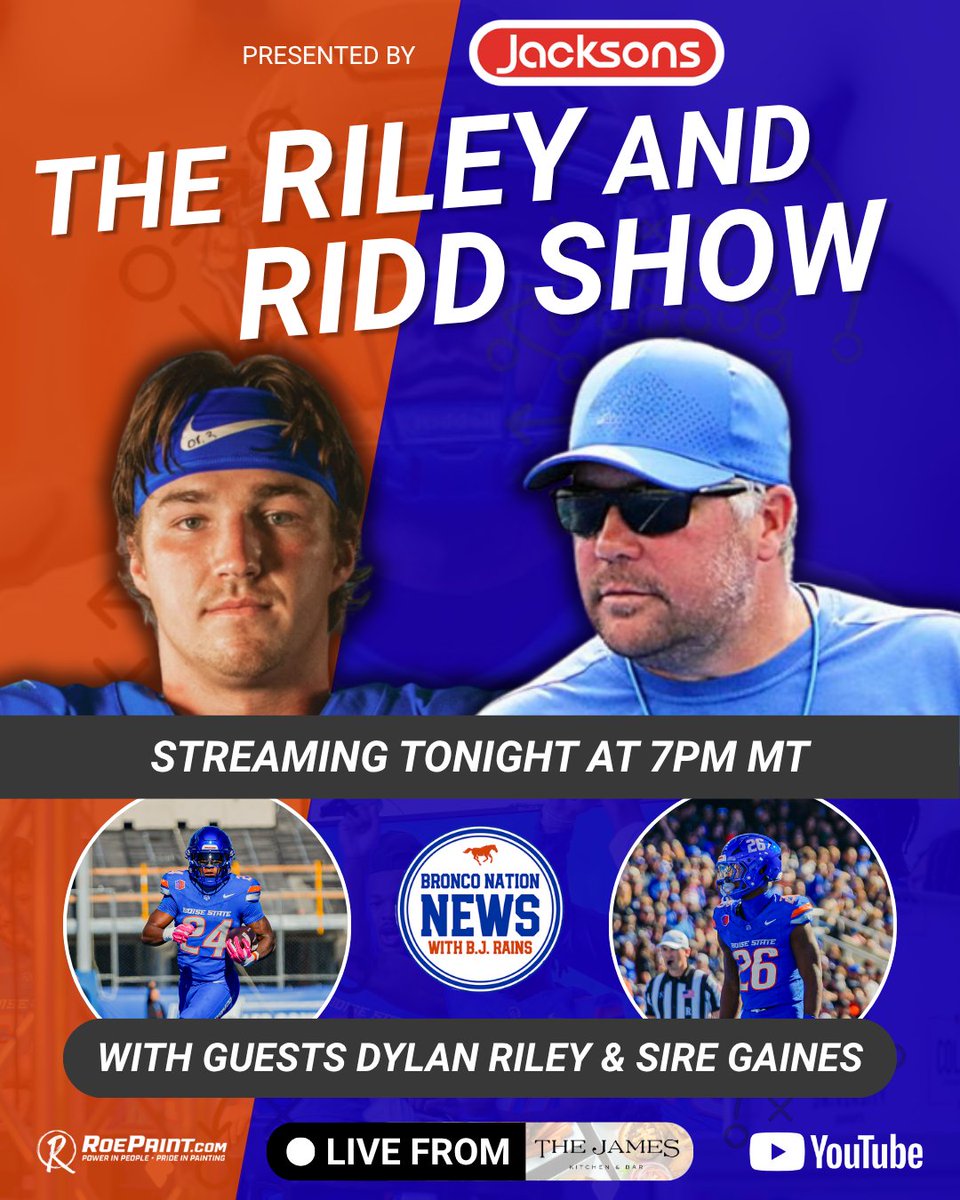 TONIGHT AT 7PM! Come meet Dylan Riley and Sire Gaines at @TheJamesBoise and watch a live broadcast of The Riley and Ridd Show presented by <a href="/JacksonsStores/">Jacksons Food Stores</a>!

Note the new time of 7pm! Hope to see some of you tonight! Have dinner with us!

<a href="/rileysmith_9/">Riley Smith™</a> <a href="/K_Ridd/">Kent Riddle</a> <a href="/BNNBroncoNation/">Bronco Nation News</a>
