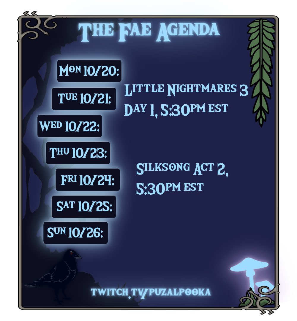 Behold, a stream schedule!

Finally. Life has been lifing recently and I know it’s not just me. Looking toward to some cozy horror with Little Nightmares 3 and continuing to indulge my Silksong hyperfixation. 

#vtuberen #vtuber #twitchstreamer #silksong #littlenightmares