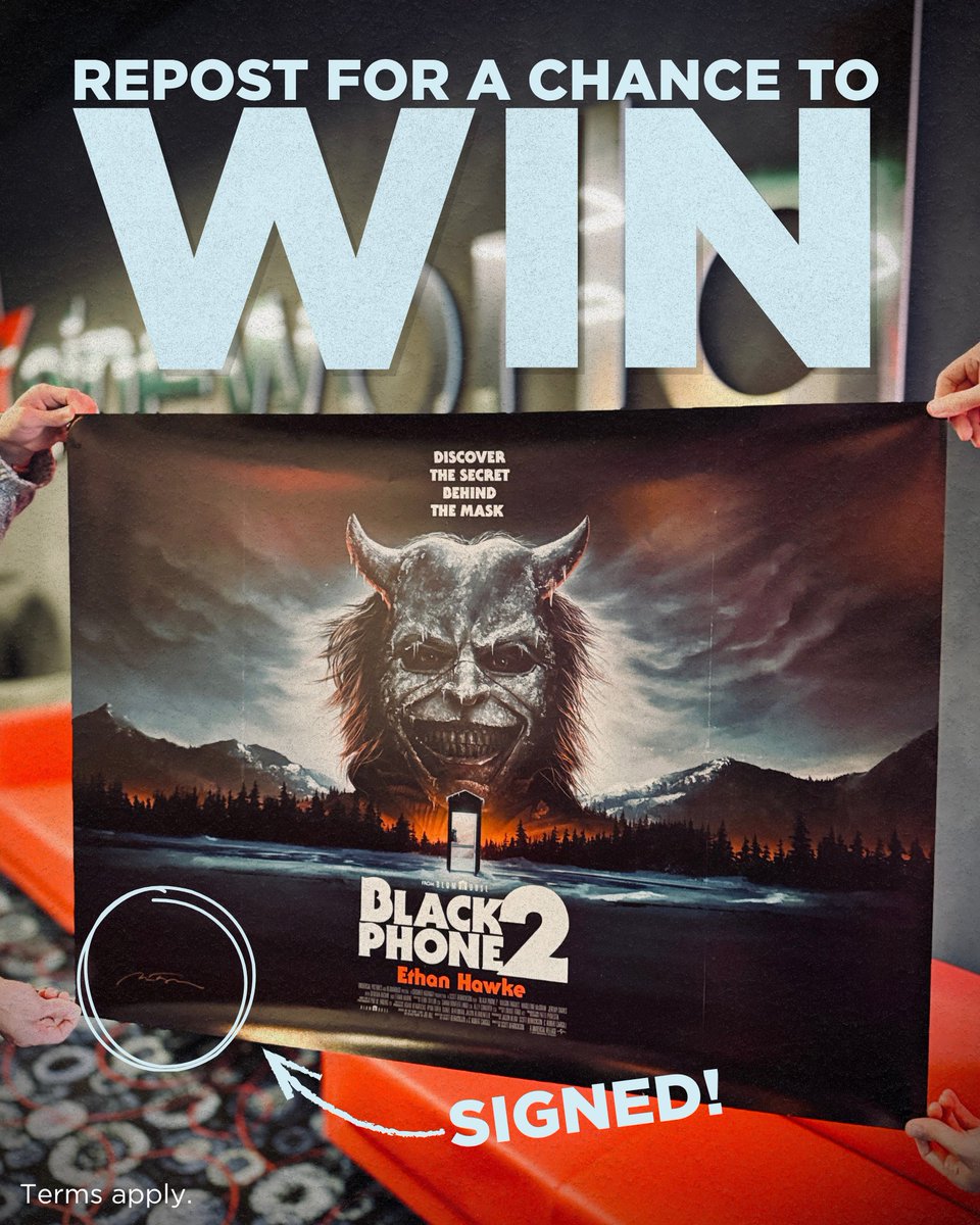 cineworld's tweet image. REPOST FOR A CHANCE TO WIN! 🔁

Incoming call... ☎️ The Grabber is calling! With #BlackPhone2 OUT NOW, we&apos;re giving away TEN @Cakes_Comics signed posters! Repost to enter.

Terms apply 🔗 bit.ly/49fQvqH
Enter by 23:59, 27/10/25.