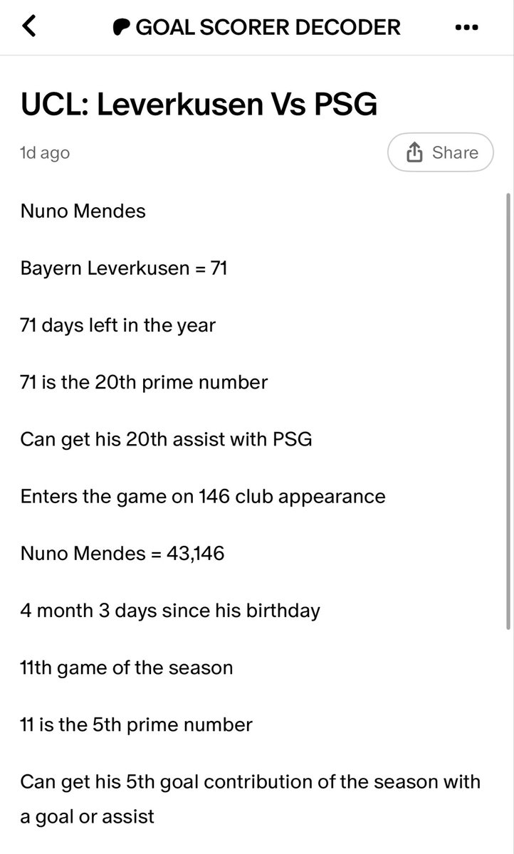 JamaicanDecoder's tweet image. Nuno Mendes
Bayern Leverkusen = 71
71 days left in the year
71 is the 20th prime number
Can get his 20th assist with PSG
Enters the game on 146 club appearance
Nuno Mendes = 43,146
4 month 3 days since his birthday
11th game of the season
11 is the 5th prime number