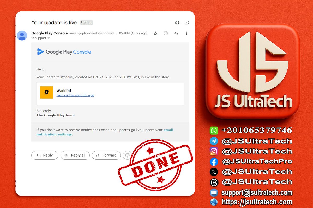 JSUltraTech's tweet image. 🚀 تحديثاتنا بتتكلم عن نفسها!
مش مجرد نرفع تحديث… إحنا بننشره ويكون لايڤ خلال ساعة أو أقل ⚡
📱 تطبيق Waddini
تم رفع التحديث اليوم، واتقبل رسميًا من Google Play Console
✅ التحديث صار لايڤ على المتجر في أقل من ساعة!

💪 عندنا السرعة مش رفاهية…
ترفع التحديث 👉 نتابع ونراجعه…